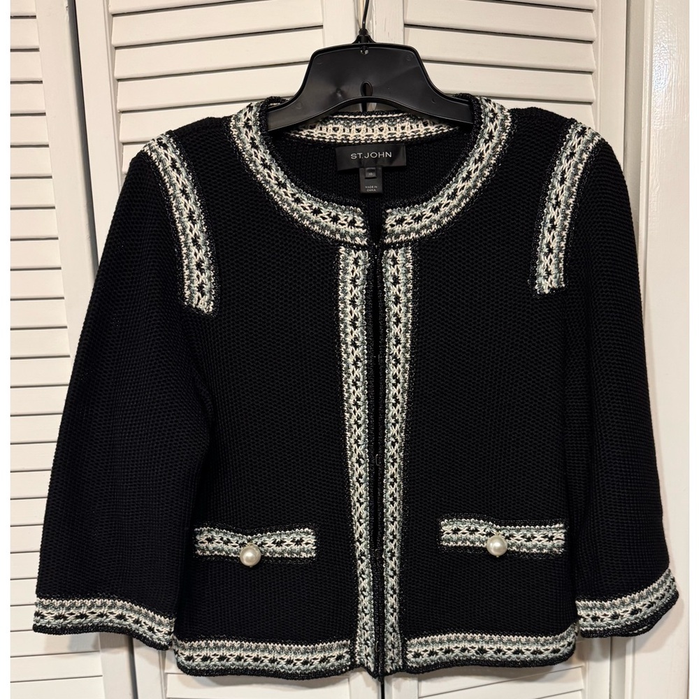 NEW 2-PC ST. JOHN BLACK WOOL, VISCOSE & COTTON BLEND KNIT JACKET & SKIRT SUIT 10 - Picture 3 of 12